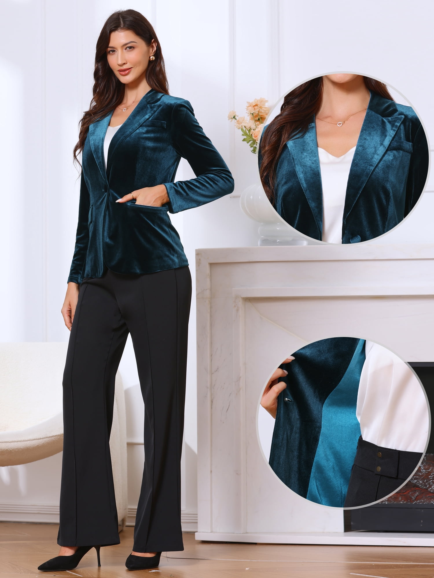 DARING DIVA Women's Notched Lapel Long Sleeve One Button Velvet Blazer M Blue