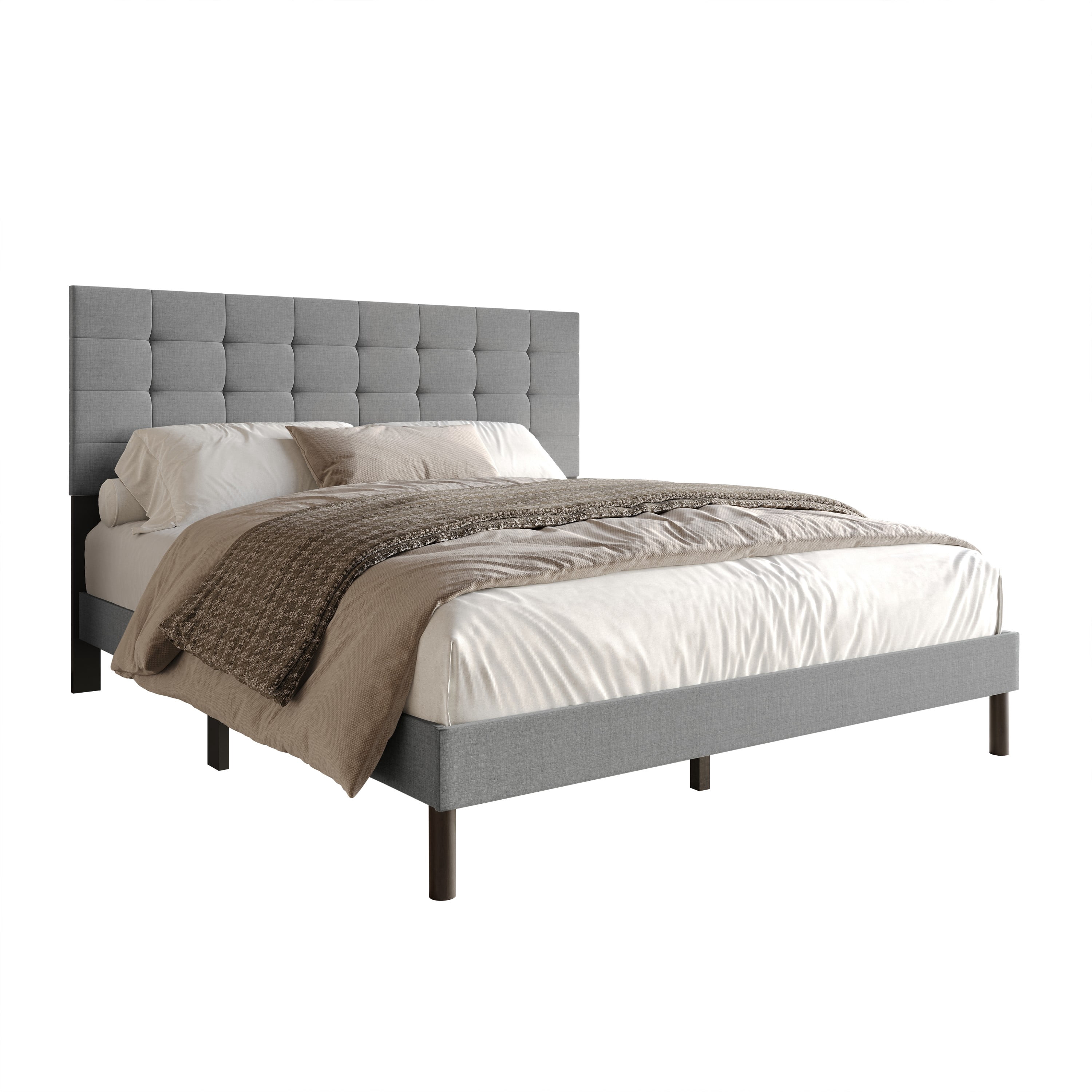 Home Design Haines King Linen Upholstered Panel Bed Frame with Rectangular Tufted Headboard & Sturdy Wooden Legs, Gray, Easy Assembly