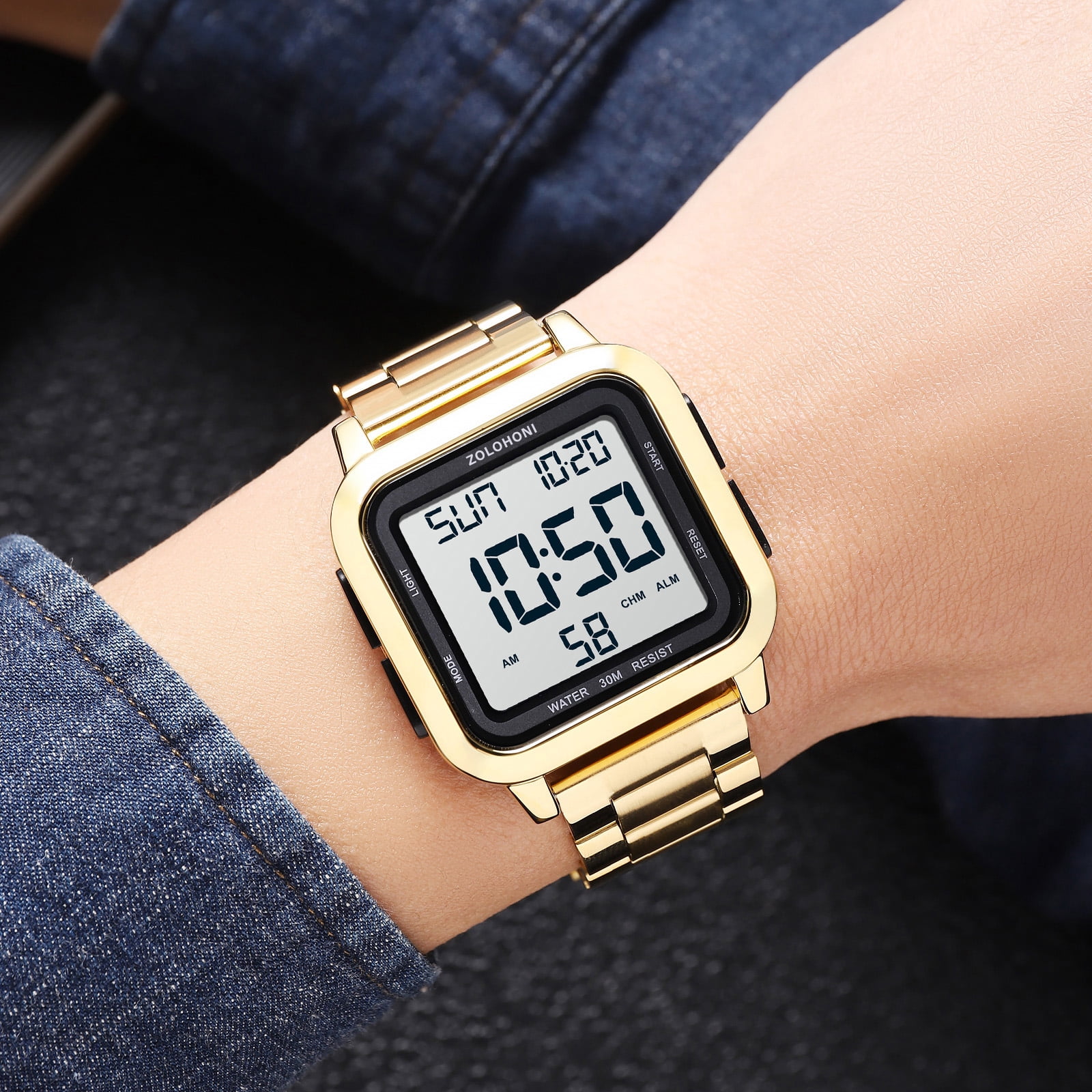 ZOLOHONI Digital Watches for Men Gold Stainalee Steel Waterproof Electric Watch Mens Sports Watches