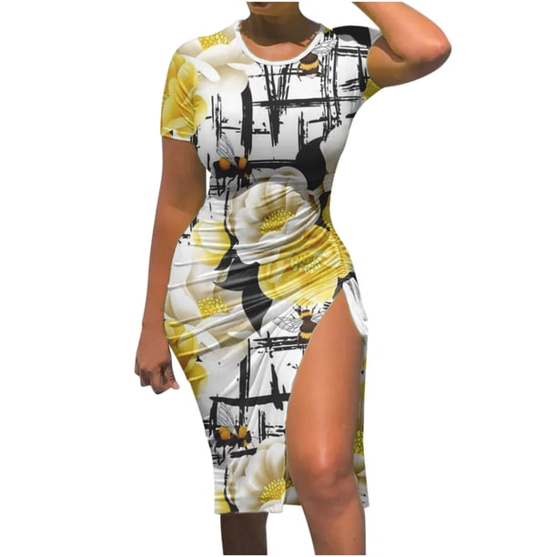 Vestido de mujer sexy de verano de manga corta con cuello redondo y cordón estampado Fridja bnh793