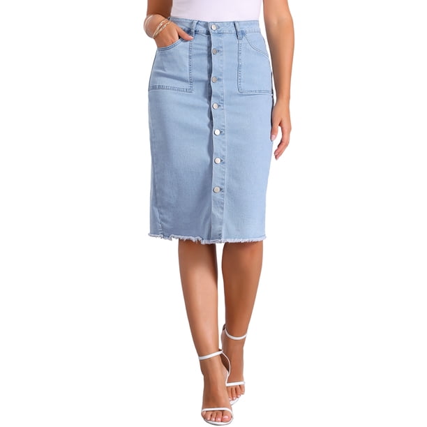 Falda de mezclilla casual de botón para mujer Inspire Chic, de cintura alta, con dobladillo deshilachado, falda midi de mezclilla L azul claro