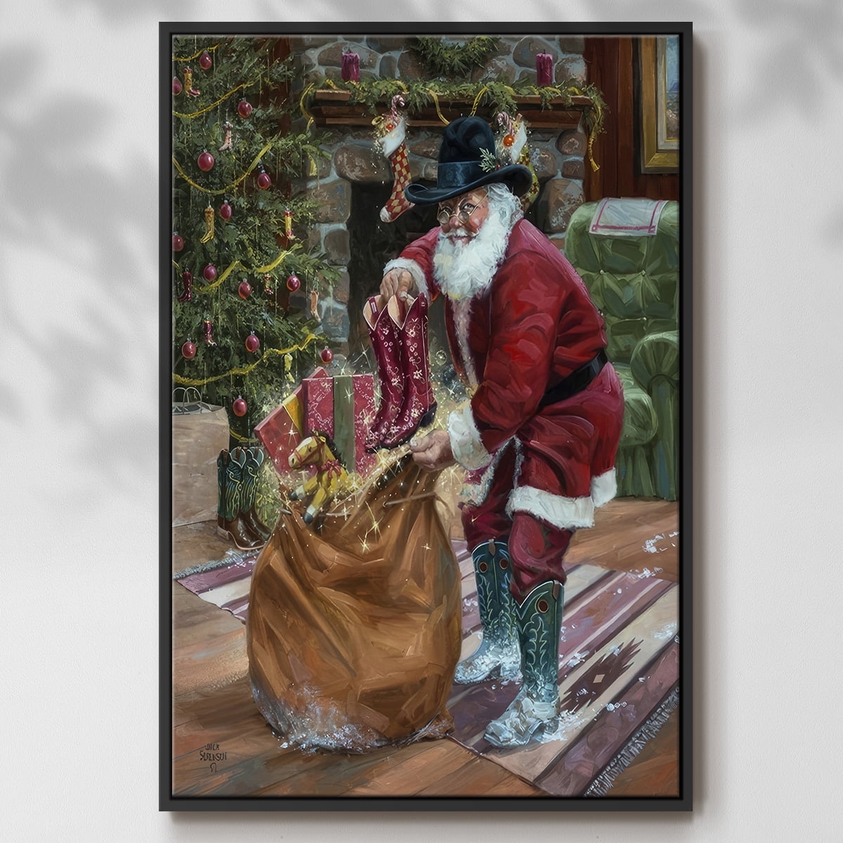 New Boots for Christmas - Framed Gallery Wrapped Holiday Canvas - 27 x 41 - Black Frame