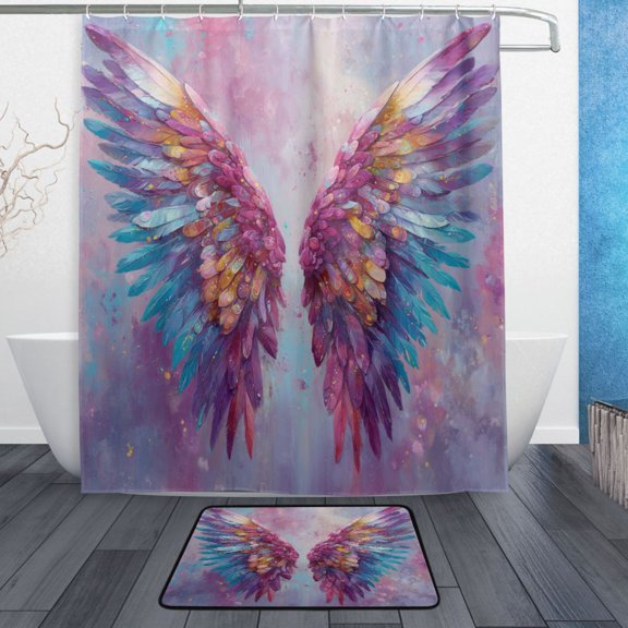 TTYFWHD 60" x 72" Shower Curtain and Bath Mat Set Colorful Wings with Feathers Waterproof Bathroom Curtain with 12 Hooks, Bathroom Decor Set