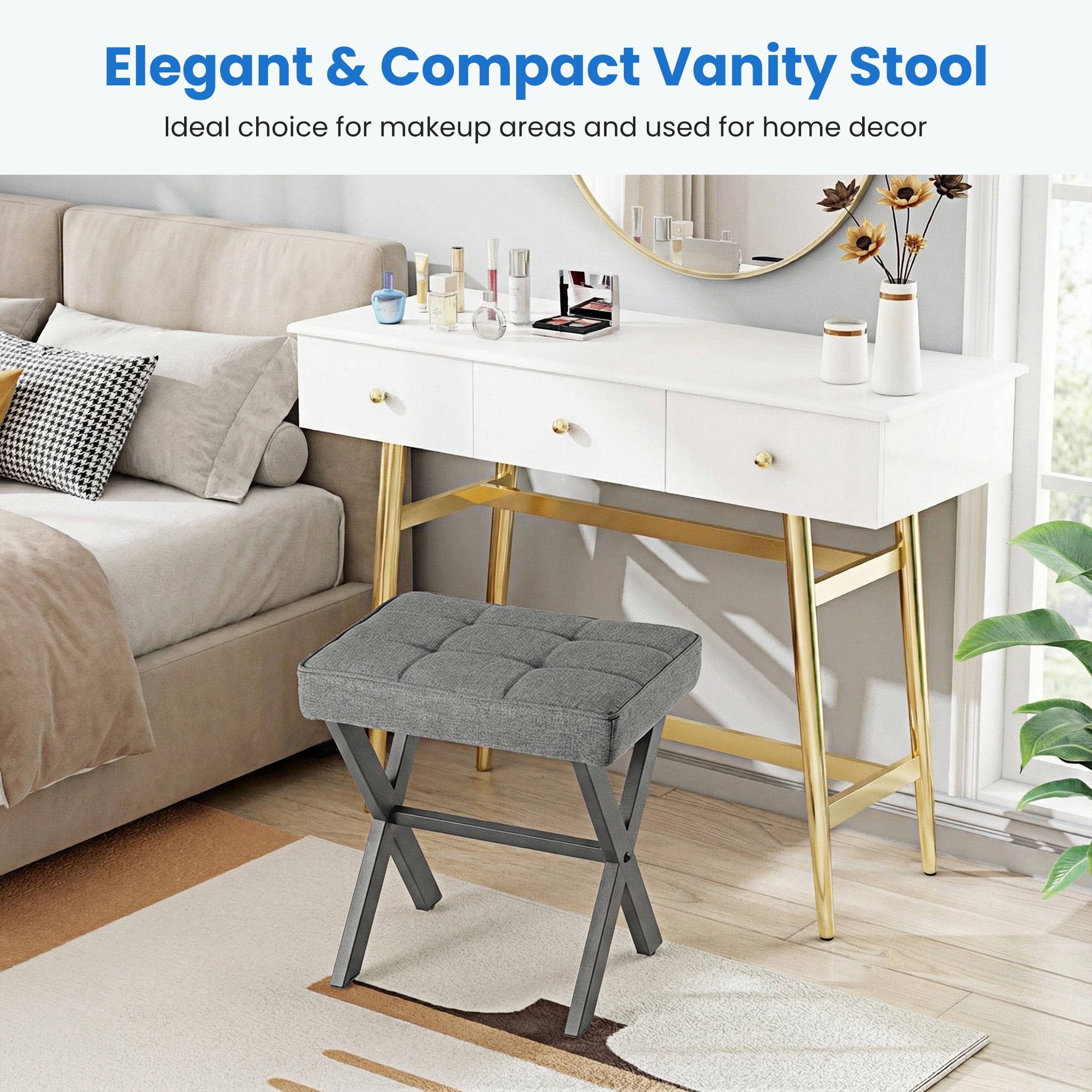 EDX Vanity Stool, Square Linen Makeup Stool with Metal X Legs, Small Ottoman Stool Chair for Vanity, Modern Padded Vanity Seat Foot Rest Stool for Makeup Room, Living Room, Bathroom, Carbon Gray