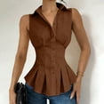 thumbnail image 2 of Women's Trendy Waistcoat Collared Sleeveless Button Down Peplum Shirt Ruched Waist Slim Fit Pleated Hem Vest Blouse Business Casual Outfit Brown, 2 of 8