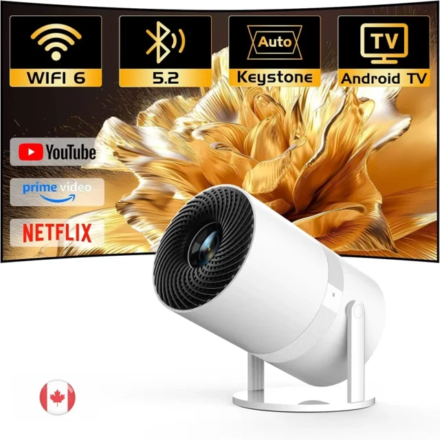 Mini Projector with Built-in Apps, WiFi 6 & Bluetooth | Portable Outdoor Movie Projector with Auto Keystone & 270° Rotation | HDMI, USB & Smartphone Compatible