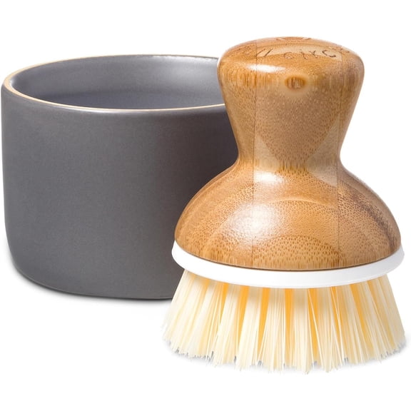 Full Circle Bubble Up Bamboo Dish Brush & Ceramic Soap Dispenser – Family Safe, Formaldehyde-Free – Kitchen Scrub Brush for Dishes, Nonstick & Cast Iron, Gray