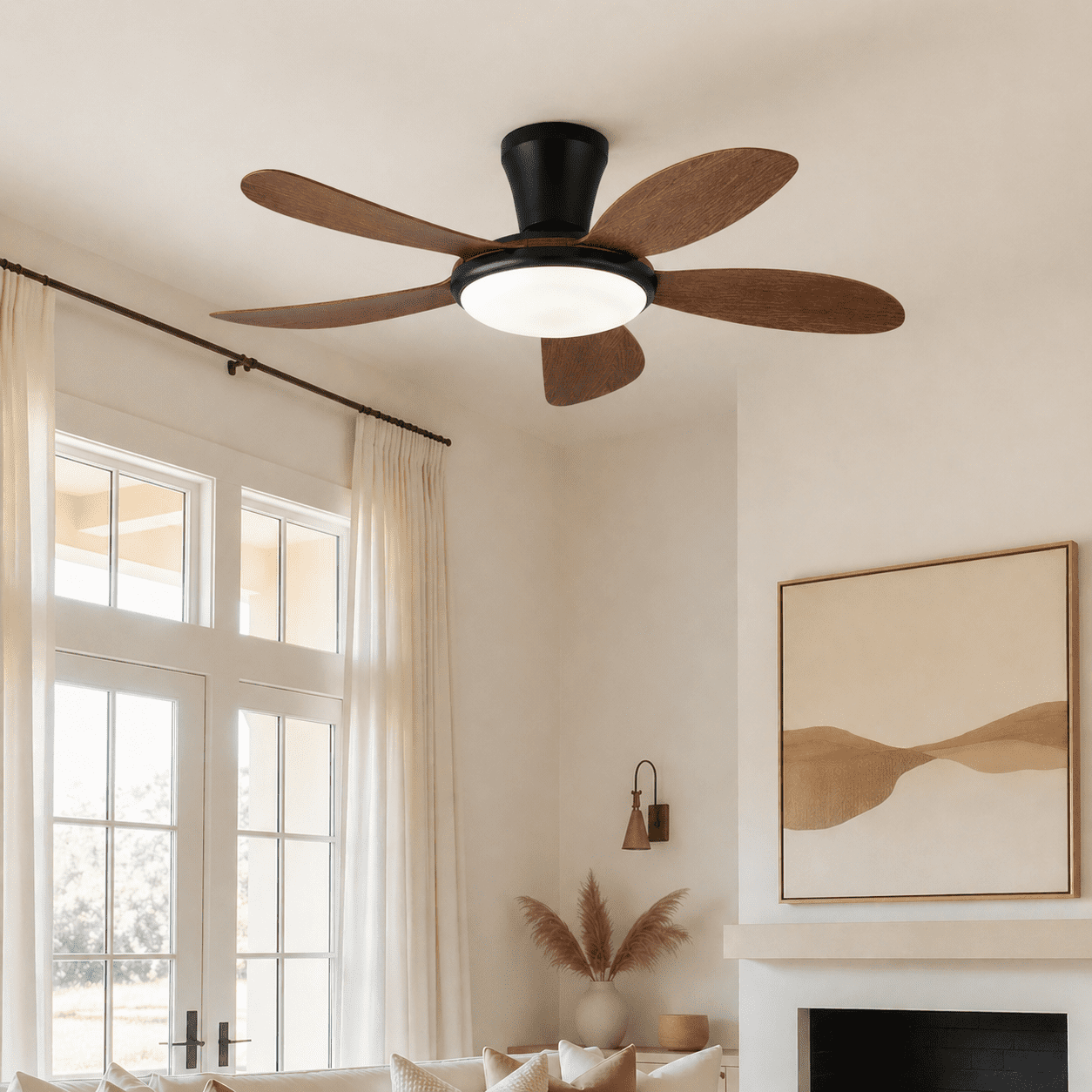 PHORUS 48" Low Profile Ceiling Fan with Dimmable LED Light, Quiet Reversible DC Motor, 6 Speeds, Remote & App Control – For Indoor & Covered Outdoor Use, Brown