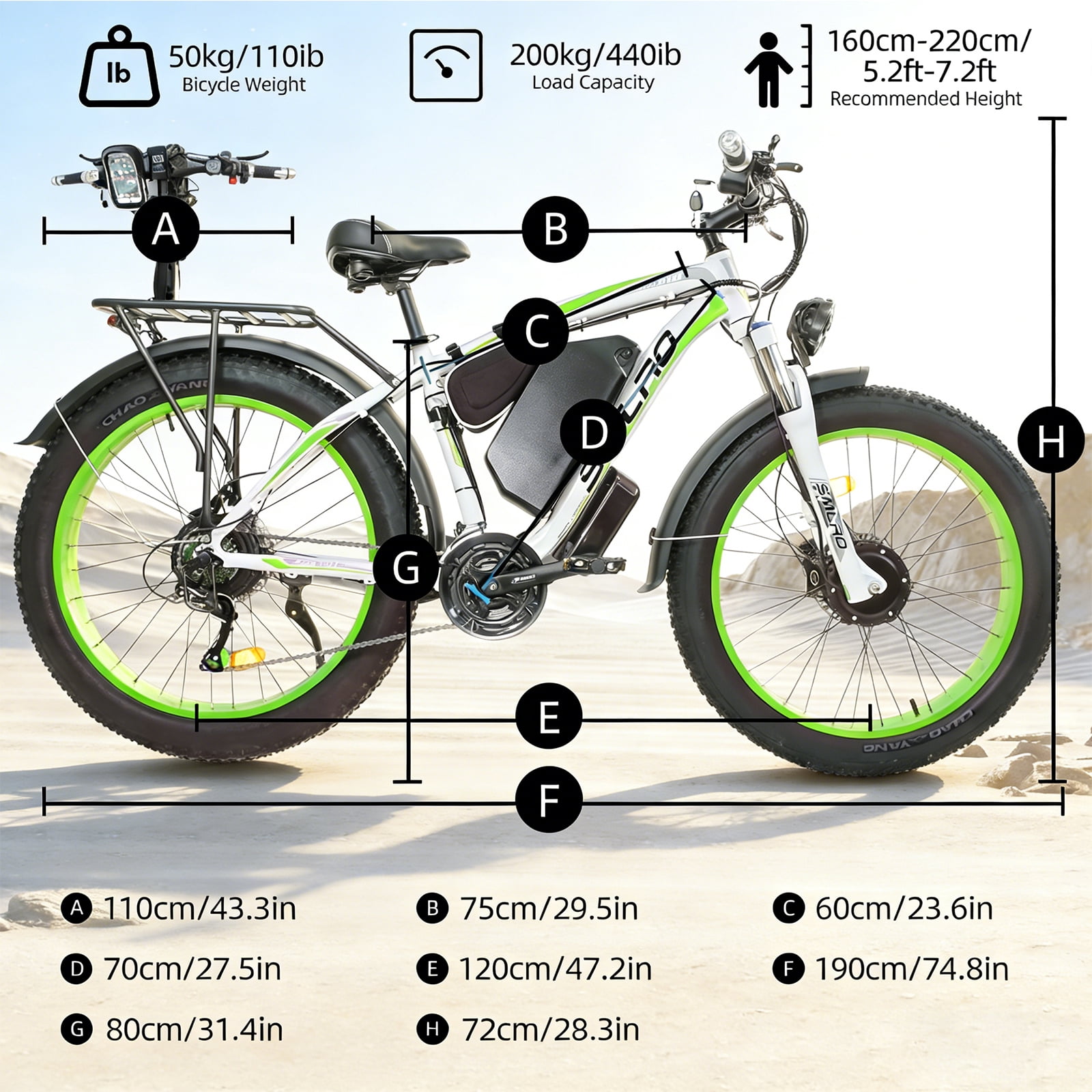 5000W (Peak) Electric Bike for Adults, 26x4.0 Fat Tire E-Mountain Bicycle, 52V-30Ah Removable Battery Ebike, Electric Motorcycle Beach Snow Ebike for Men, Green