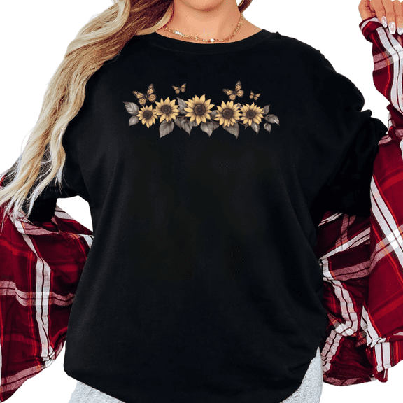 Women's Delicate Sunflower With Butterflies And Leaves Boho Floral Nature Graphic T Shirt Short Sleeve Round Neck Top Black S-5XL