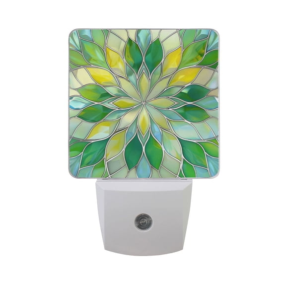 Yellow Green Floral Stained Glass Night Light 2 Pack LED Nightlight Plug into Wall Dusk to Dawn Sensor Soft White