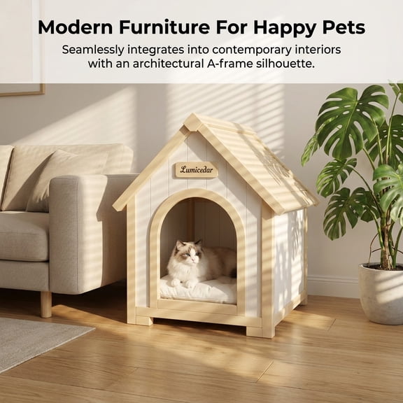 Lumicedar Indoor Wooden Dog House with EVA Cushion, Solid Cedar A-Frame Pet House for Small Dogs and Cats, Creamy White