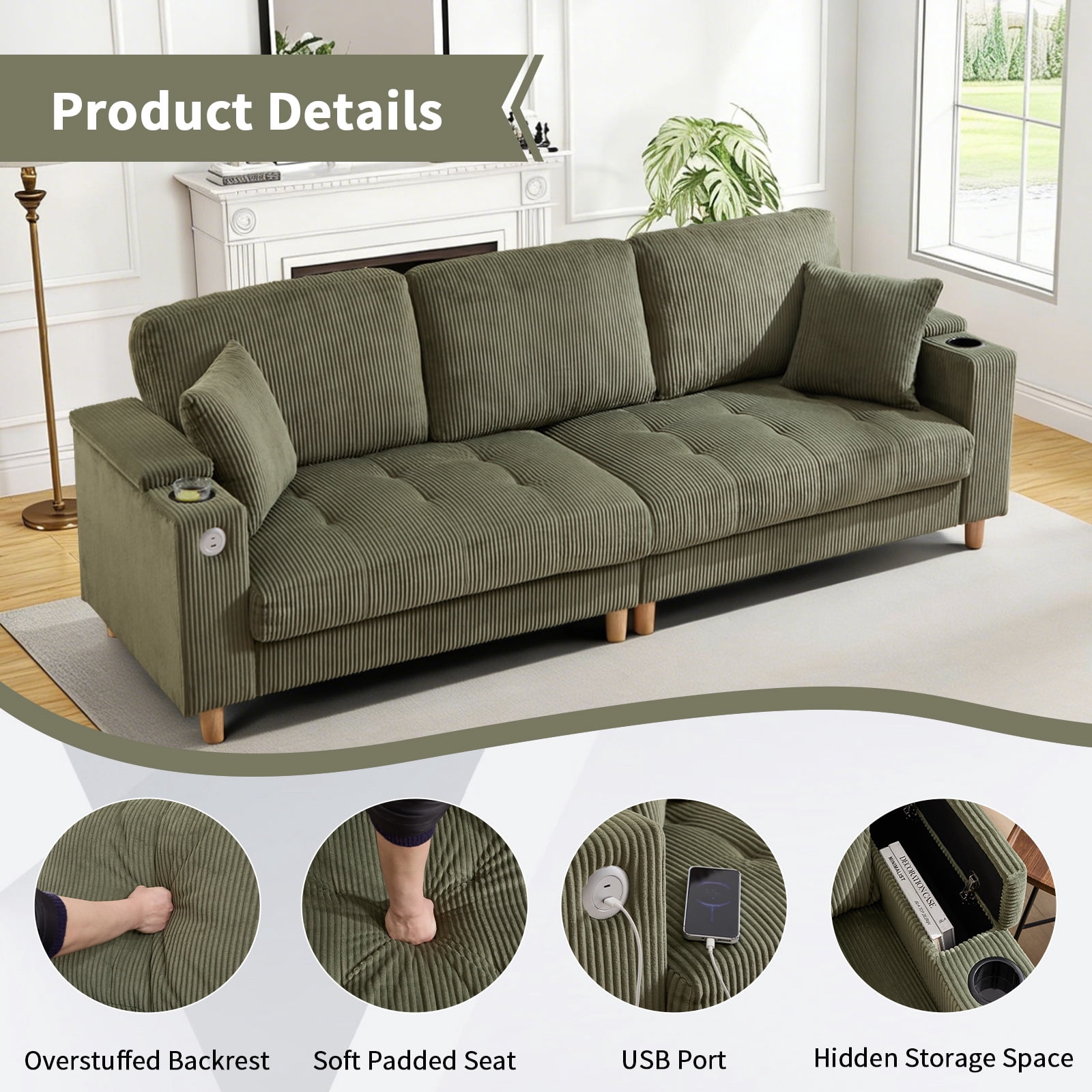 Bonzy Home 100 inch Modern Corduroy 3-Seater Sofa, Oversized Comfy Couch with USB Charging Port, Hidden Storage, Overstuffed Backrest & Throw Pillows, Green