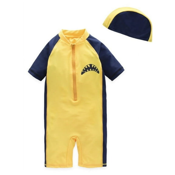 Kid Boys Chic Animals Printed Yellow Shark One-Piece Rash Guard with Sun Hat 2pcs Swimsuit Pool Swimwear Beach Bathing Suit(3)