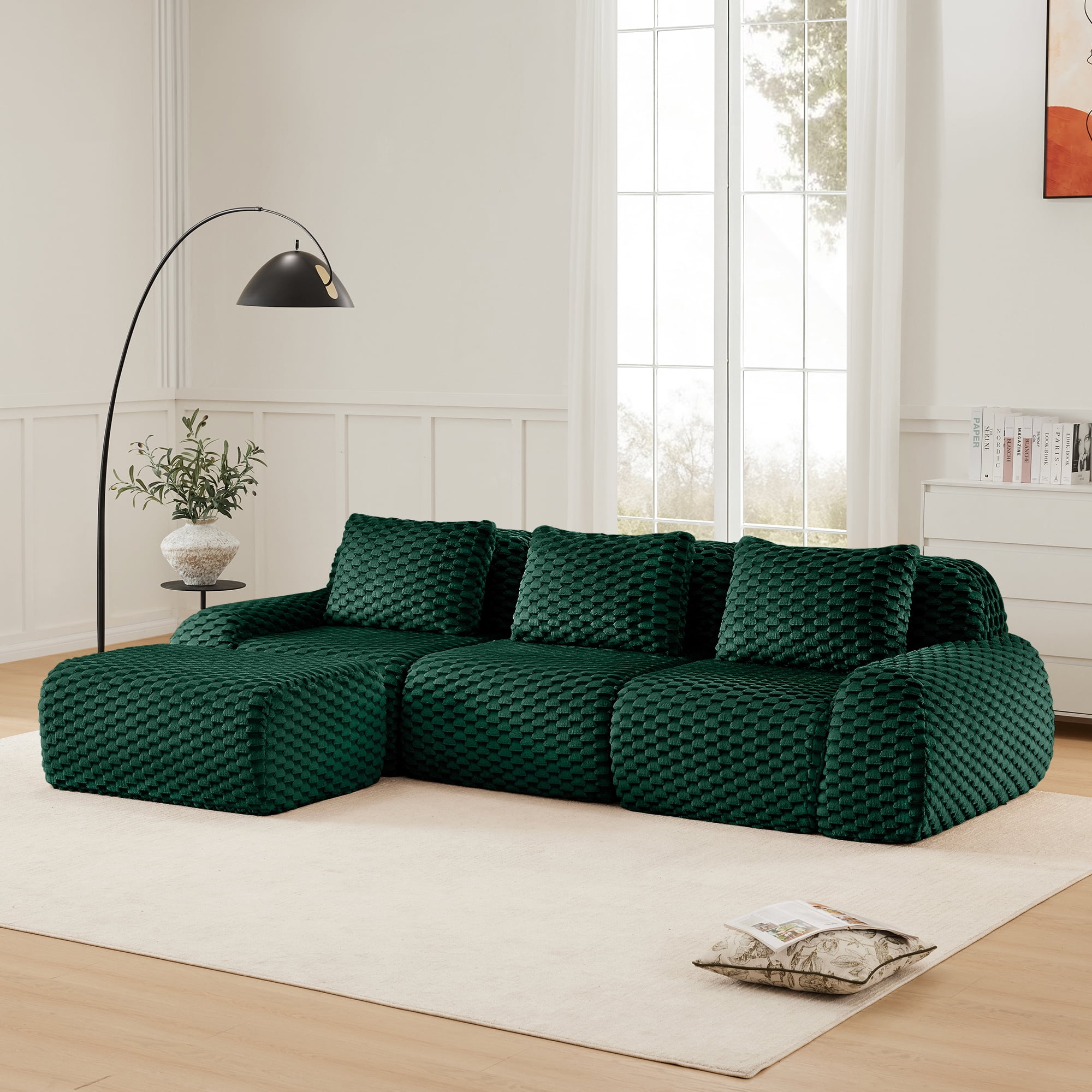 MAYEERTY 114" Modern L-Shaped Sofa, Textured Flannelette, Movable Ottoman, Cloud Comfort, No Assembly, Green