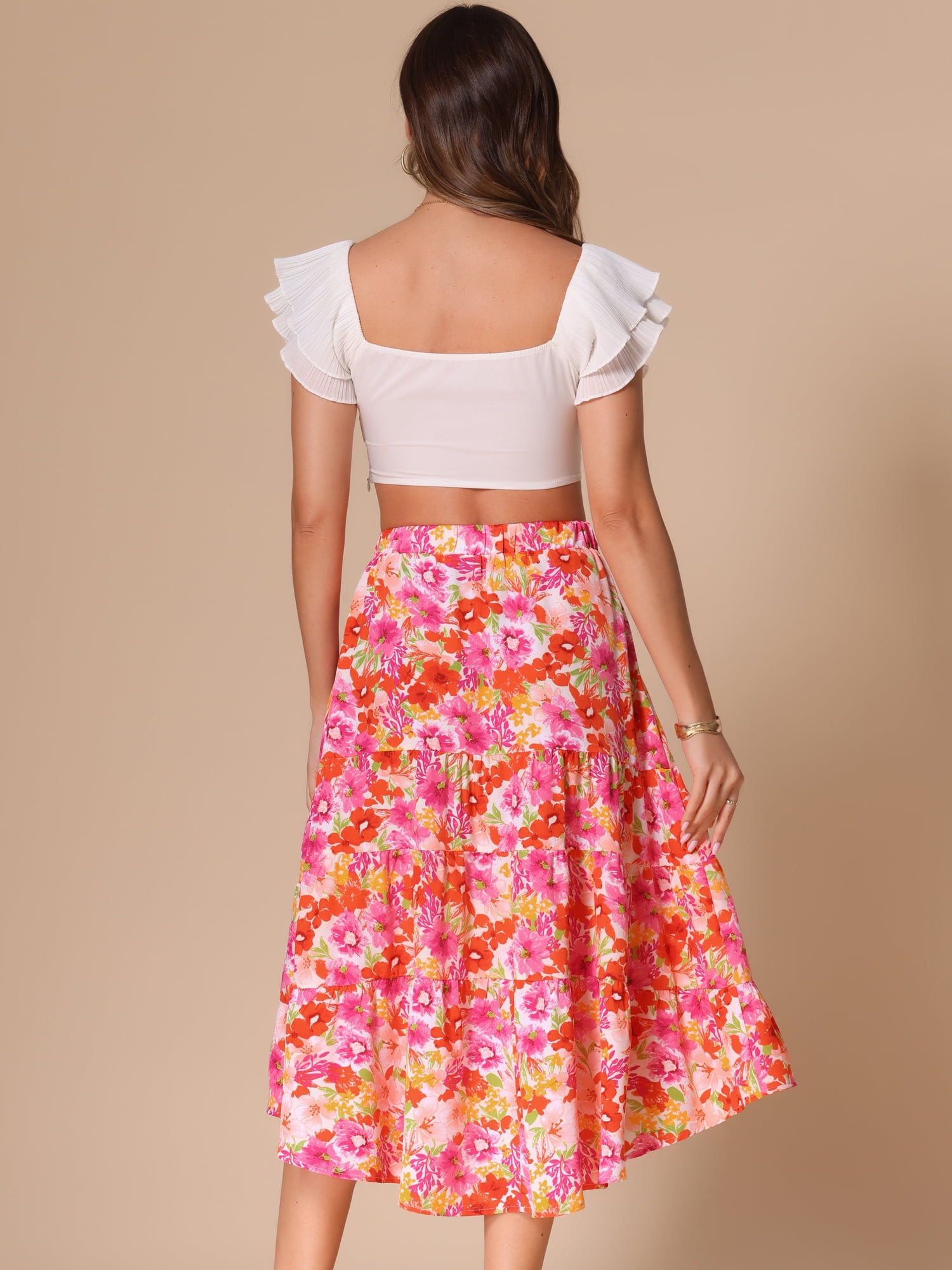 DARING DIVA Women's Boho Floral High Low Hem Elastic High Waist Midi Skirt S