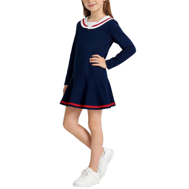 Odeerbi Niñas Algodón Uniforme de La Escuela Vestido Color Bloque Manga Larga Marinero Cuello Ruffle Vestido de Línea A