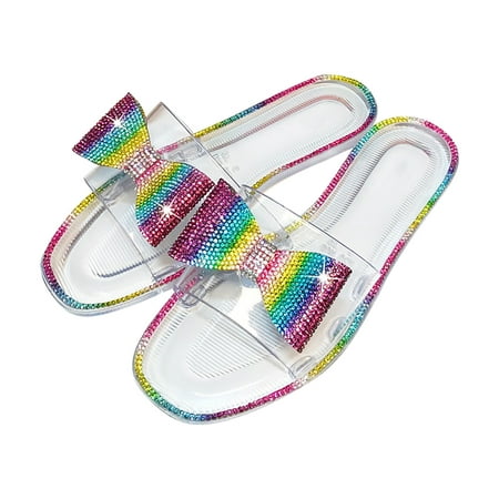 

VerPetridure Platform Sandals for Women Summer Color Gradient Jelly Bottom Flat Bow Rhinestone Sandals Women s Shoes