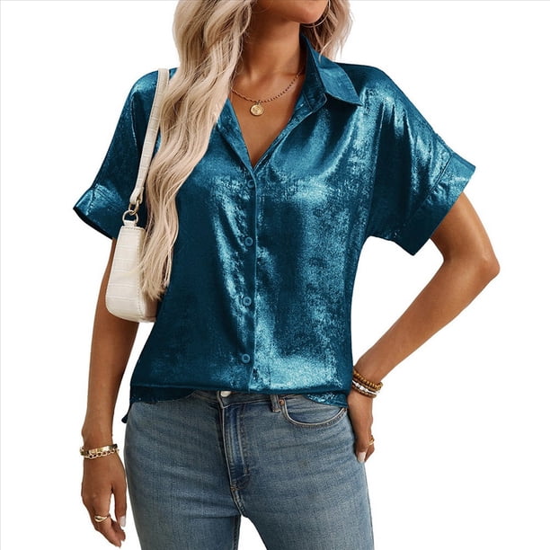 Tops de Verano para Mujer, de Corta, con Cuello en V, para Hacer Ejercicio, Blusas Bonitas, Elegantes, Informales, A , Camisetas Lisas. Azul Oscuro XL