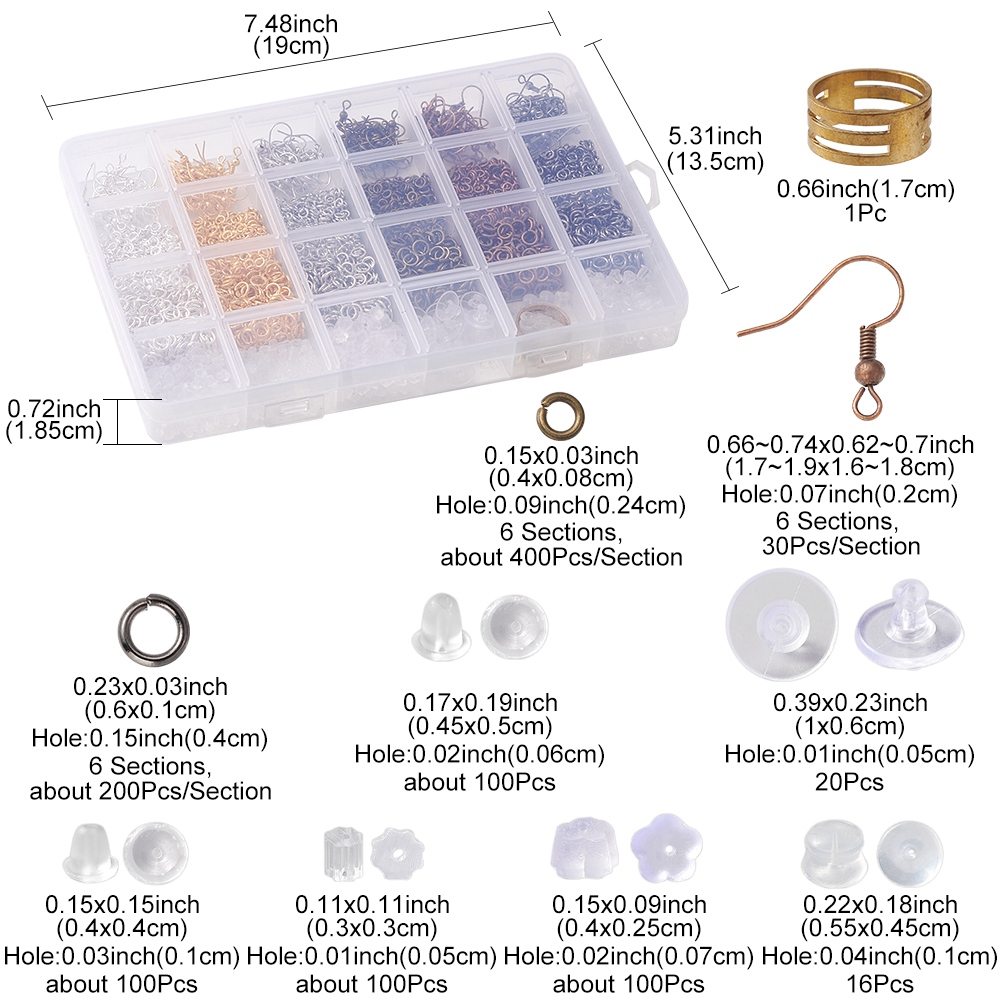 1set Earring Making Finding Kit Including Brass Earring Hooks & Jump Rings & Ring Tools Plastic Ear Nuts Tweezers Mixed color 3568pcs/box
