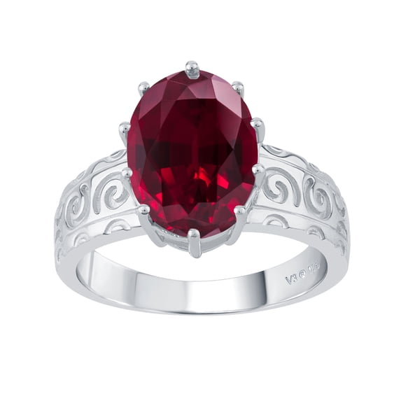 Sterling Silver with Ruby Solitaire Swirl Engravework Ring
