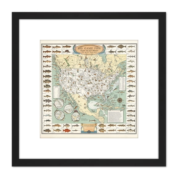 Ertz 1936 Pictorial Map USA Game Fish Angling 8X8 Inch Square Wooden Framed Wall Art Print Picture with Mount