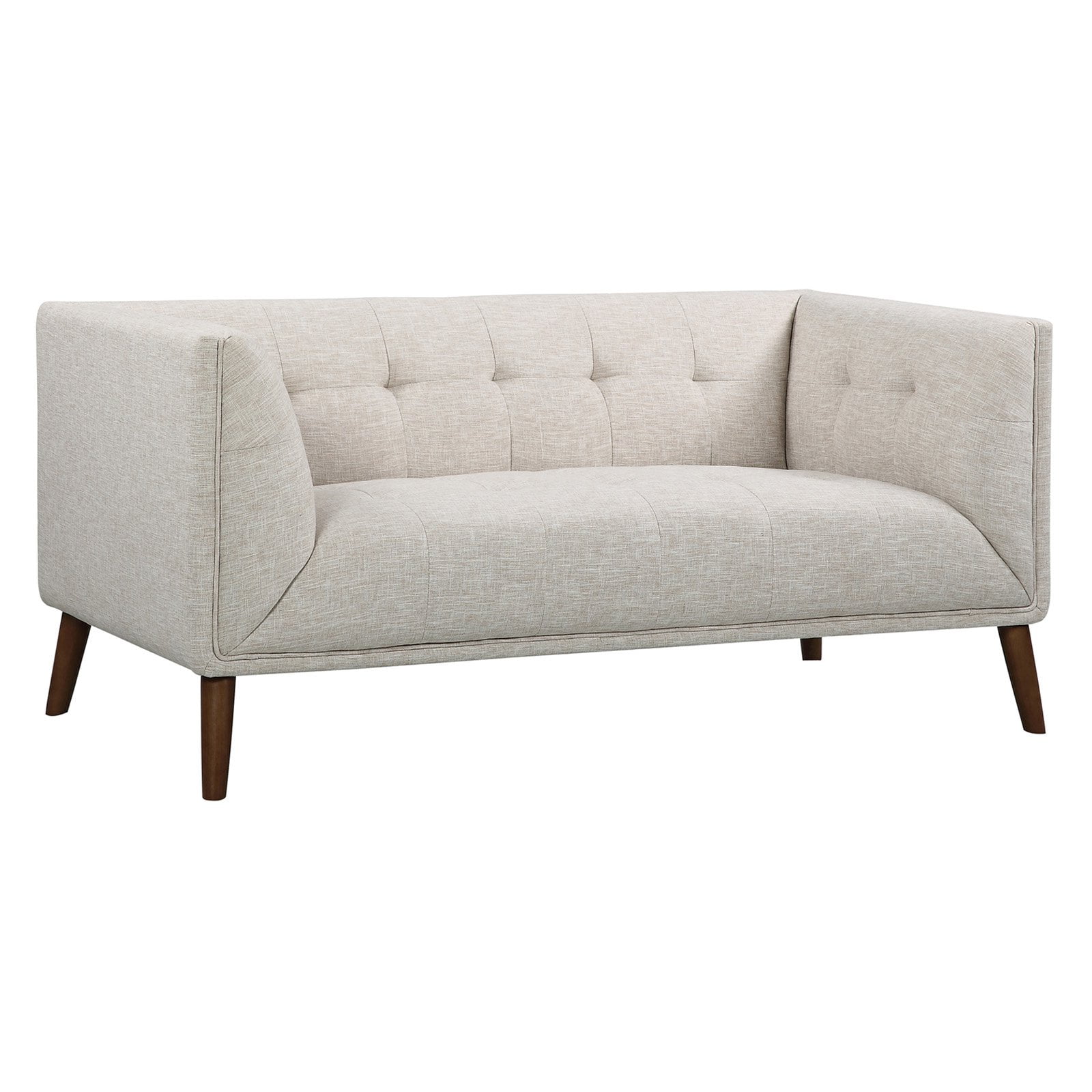 Hudson MidCentury ButtonTufted Loveseat in Beige Linen and Walnut Legs