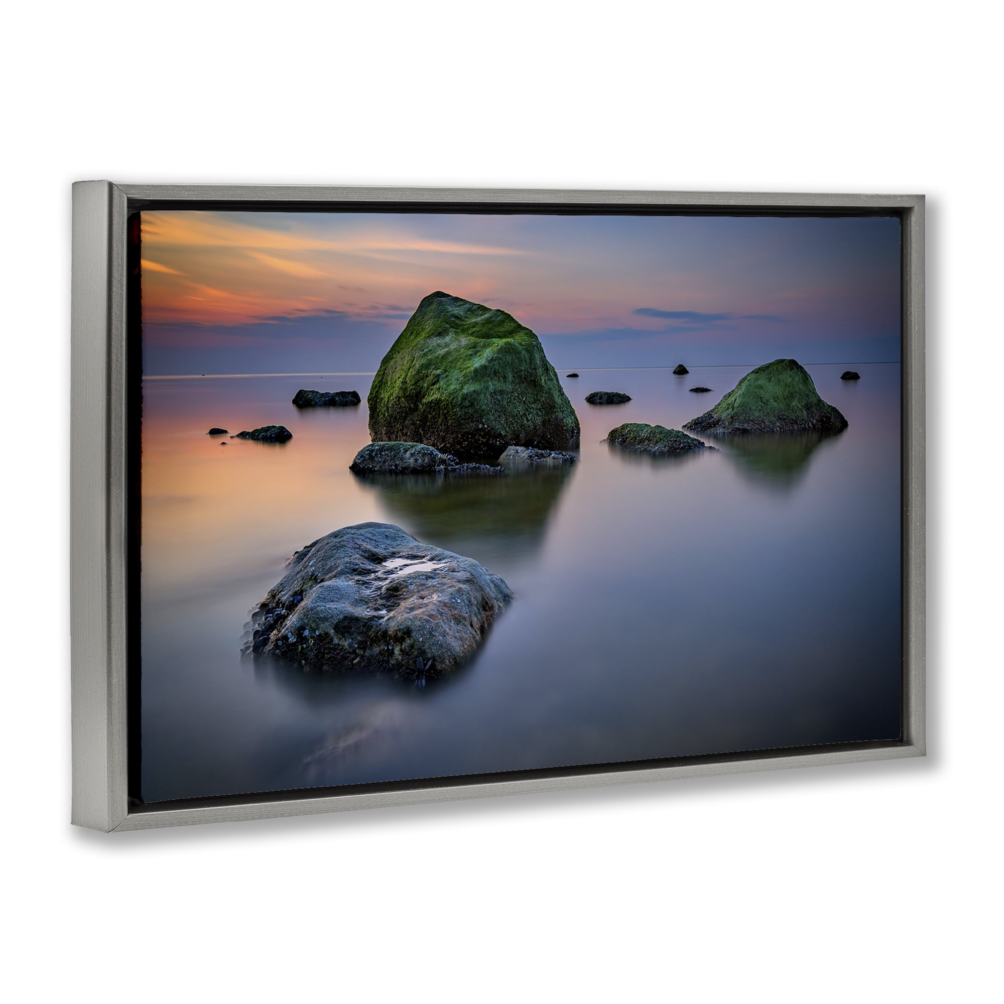 Stupell Industries Mossy Rocks Protruding Sea Landscape & Nature Photography Gray Floater Framed Canvas Art Print Wall Art, 25 x 17