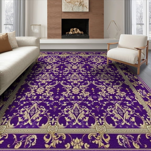 ODIKA 8'x10' Washable Area Rug Durable, Non-Slip Horror Bat Gothic Damask Motif Vintage Filigree Scroll Ornamental for Living Room, Under Sectional, Family