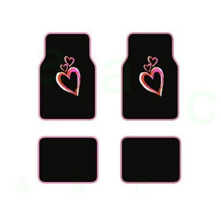 A Set of 4 Universal Fit Plush Carpet Floor Mats for Cars / Trucks - Multicolor Opt Art Pink and Red Hearts