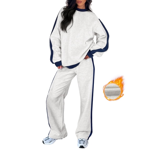SHEWIN Womens Sweatsuits 2 Piece Set Fleece Lined Outfits Crew Neck Colorblock Long Sleeve Sweatshirt Jogger Pants Tracksuit Set with Pockets