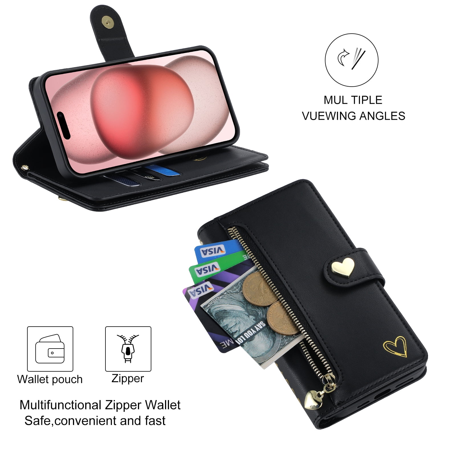 Case for iPhone 15 Wallet phone case with zipper pocket, wrist strap, flip cover and built-in card slots.