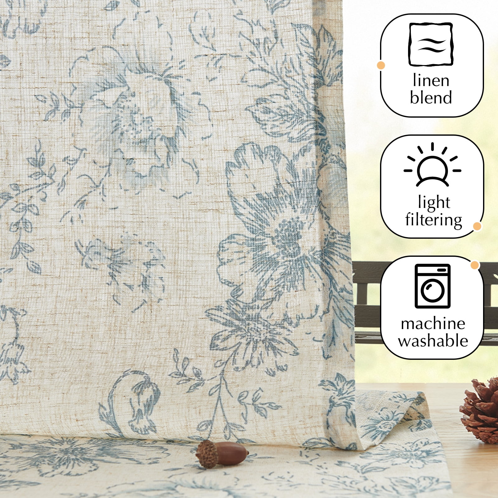Curtainking Floral Kitchen Curtains Linen Cafe Curtains Rod Pocket Blue Curtains 26x45 inch Curtains for Living Room 2 Panels