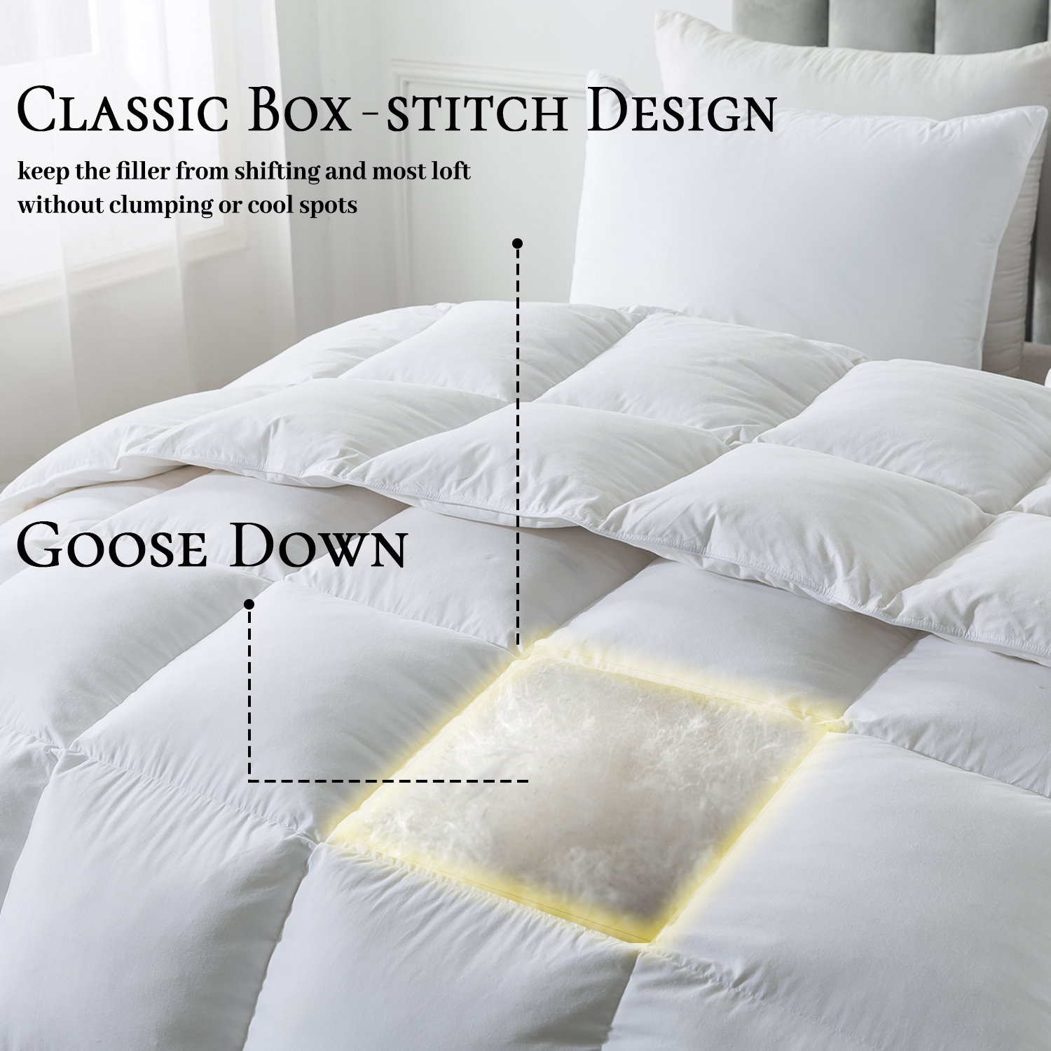BedTreat Goose Feather Down Comforter Queen Size, Luxury Hotel Bedding Comforter All Season Duvet Insert, Medium Warmth 100% Cotton Cover with Corner Tabs（90x90 inch）