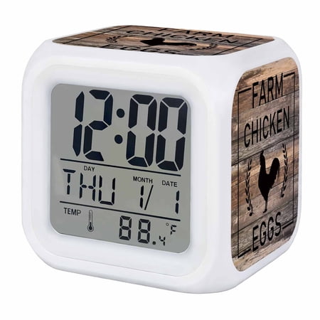 Alarm Clocks Chicken Eggs Digital Clock 7 Color LED Night Light Silent Non-Ticking Battery Operated Farmhouse Animal Brown Wood Grain Cube Clocks for Bedroom Bedside Living Room Office School
