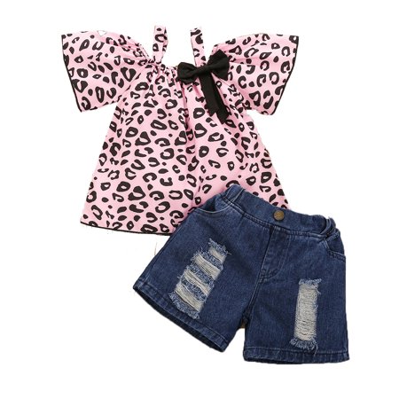 

OVTICZA Toddler Baby Girls Short Sleeve Clothing Set Bow T Shirts and Denim Shorts Set Leopard Outfit Summer with Pink 100