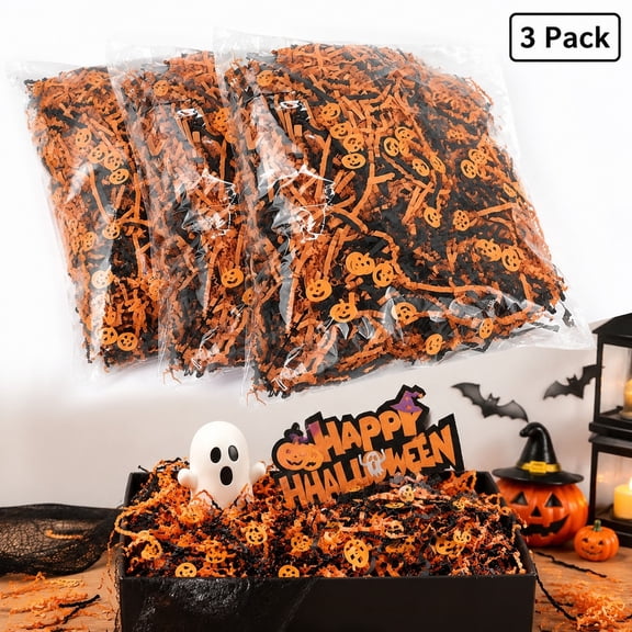 Halloween Crinkle Paper Shreds, 3 Pack Assorted Filler Paper with Pumpkin Pieces for Gift Baskets and Party Decor, 100g Each, Mixed Colors