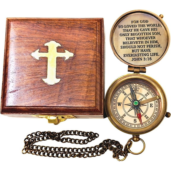 Brass Engraved Compass with Wooden Box – Inspirational Christian Gift with Cross & John 3:16 Bible Verse, Faith Prayer Charm for Religious Birthday or Spiritual Keepsake