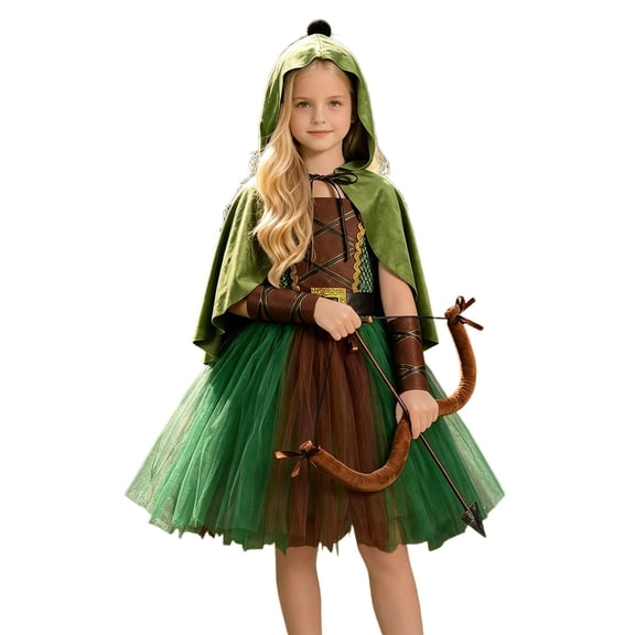 CONZONE Halloween Elfin Outfit For Girls Hallowmas Dress With Robe Dress Up Clothes For Kids Funny Festival Stage Party Outfits Size 6-7 Years Green