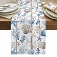 thumbnail image 2 of Blue Brown Coastal Table Runner, Summer Coral Starfish Shell Wood Grain Cotton Linen Kitchen Table Decoration Washable Dining Tabletop Runners for Home Party Decor 13x72 Inches, 2 of 9
