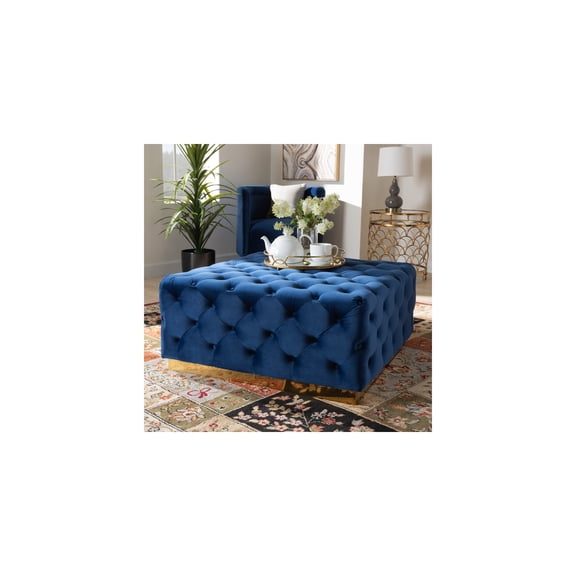 Modern Motifs Royal Blue Velvet Upholstered Gold Finished Square Cocktail Ottoman with Luxurious and Contemporary Aesthetic