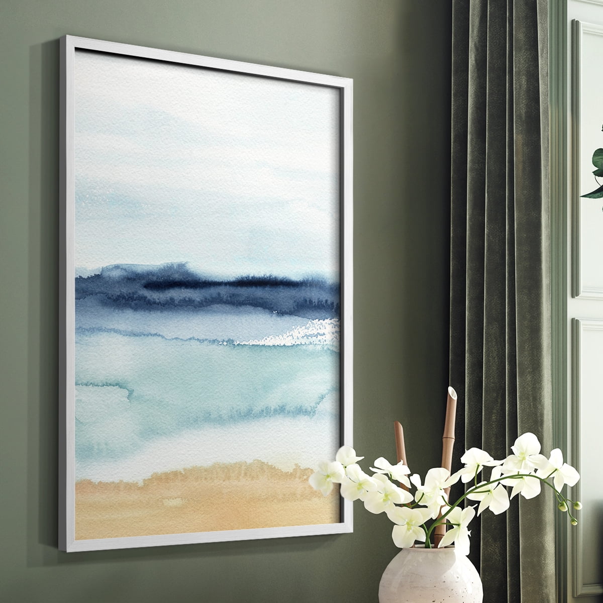 Watercolor Ocean Horizon II Framed Print in White Solid Wood 11 x 14 Framed Print