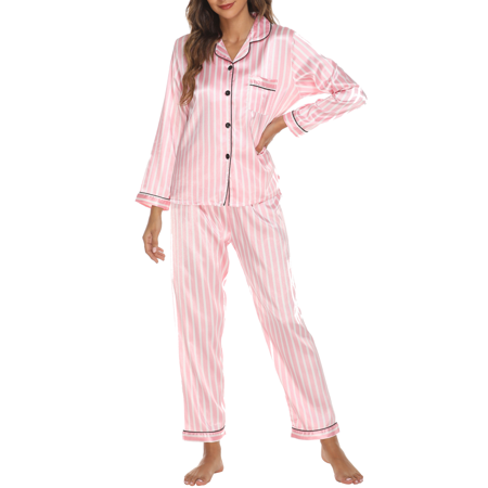 

Women 2pcs Satin Slik Pajamas Long Sleeve Button Up Lapel Shirt + Straight Leg Long Pants Sleepwear Loungewear