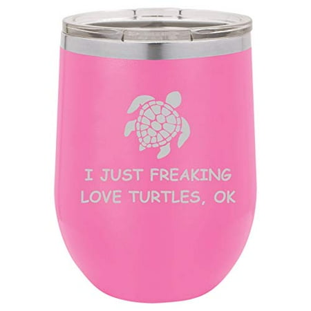 

12 oz Double Wall Vacuum Insulated Stainless Steel Stemless Wine Tumbler Glass Coffee Travel Mug With Lid I Just Freaking Love Turtles Funny (Hot Pink)