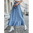 thumbnail image 4 of Women High Waisted Maxi Denim Skirt Bow Tie Ruffles Hem a Line Long Jean Skirt Flowy Pleated Jeans Skirts, 4 of 13