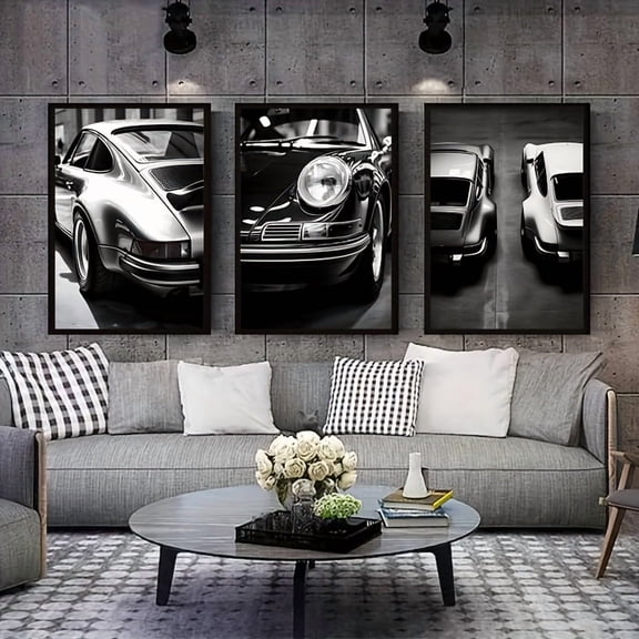 3pcs Vintage Sports Car Canvas Wall Art - Black and White Minimalist Poster Prints, Frameless Classic Vehicle Decor for Living Room, Bedroom, Kitchen, Office, Cafe - Ideal Gift for Car Enthusiasts a