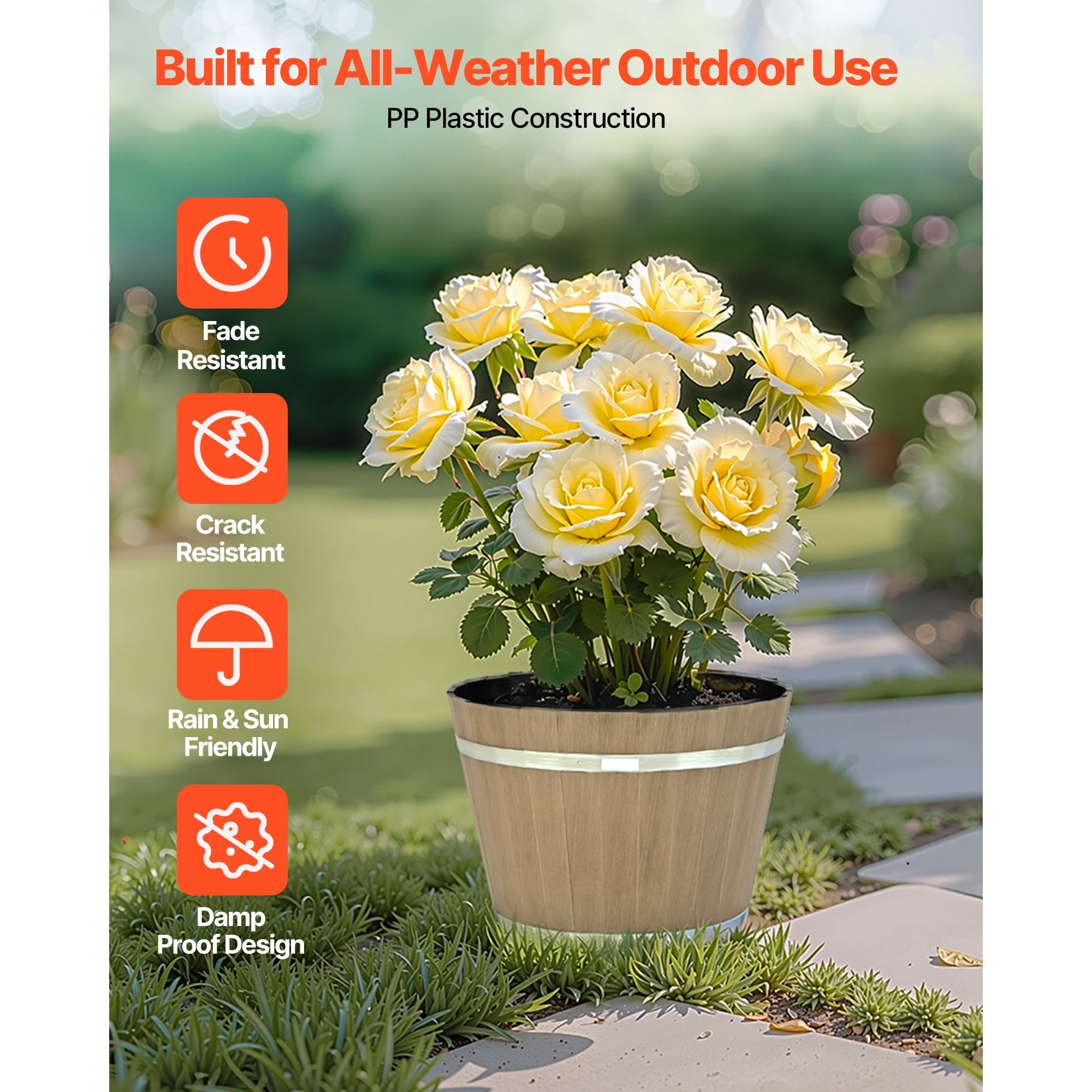 KFFKFF Set of 4 Large 11.81-inch Whiskey Barrel-Style Planters with Drainage Holes, Durable Plastic Flower Pots for Indoor and Outdoor Use, Rustic Brown Design for Gardens, Homes, and Plants