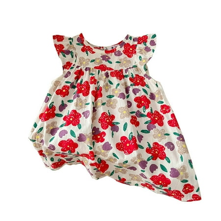 

Pedort Birthday Dresses For Girls Girls Floral Dress Boho Ruffle Sleeve Pleated Casual Swing Dresses Red 140