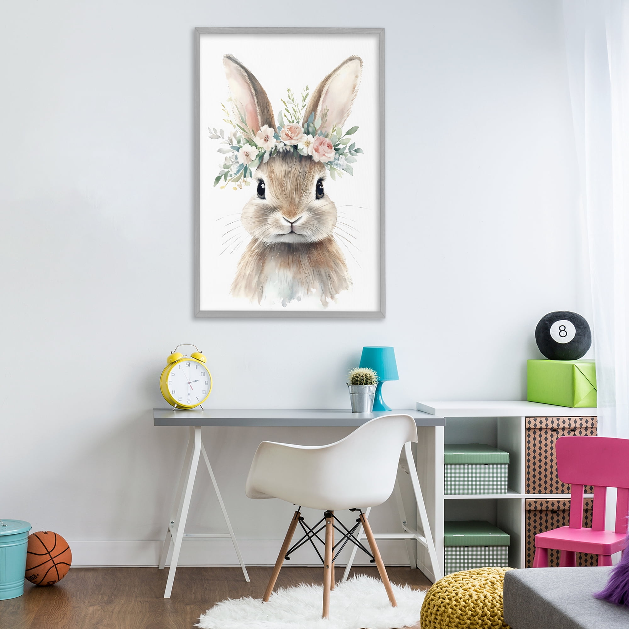 Stupell Industries Flower Adorned Baby Rabbit Gray Framed Giclee Art, design by Creative Studio