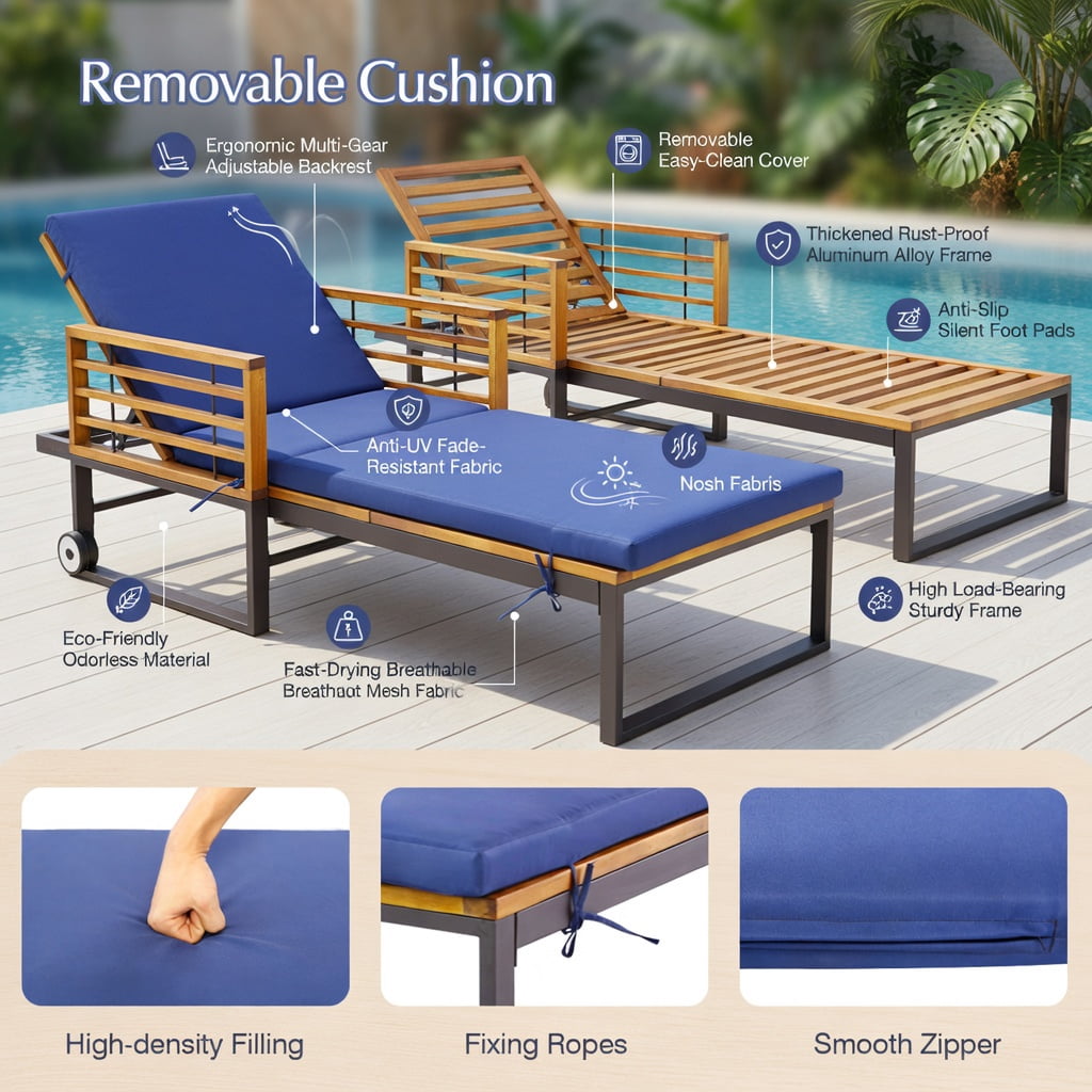 Hommoo Adjustable Outdoor Chaise Lounge Chair with Removable Cushion, Sturdy Acacia Wood & Metal Frame, 4-Position Reclining Backrest for Poolside, Patio, Backyard, Navy
